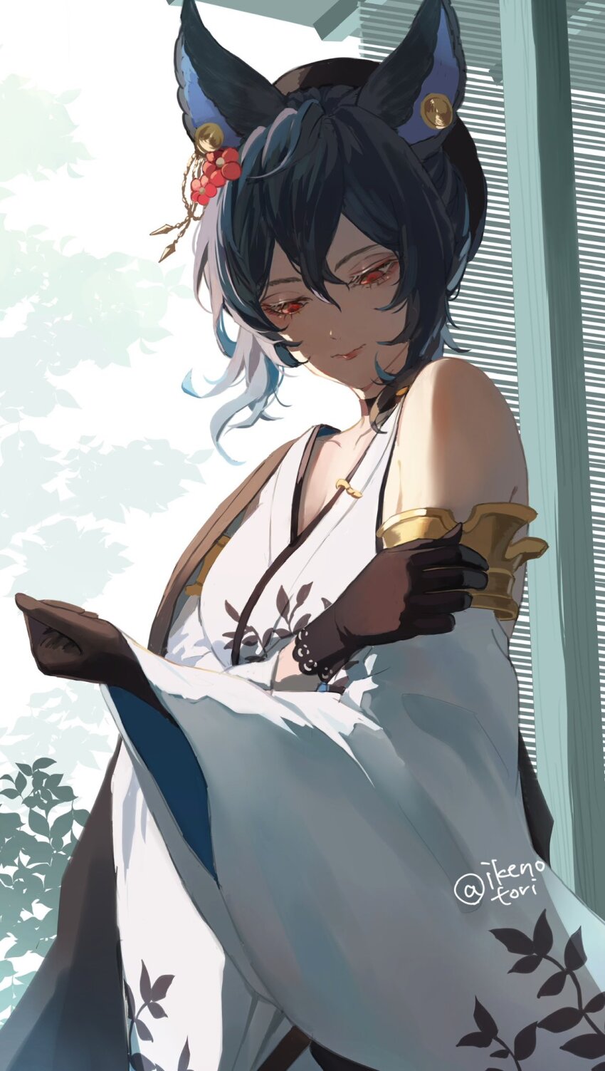 1girl, animal_ears, bell, beret, black_gloves, black_hair, black_hat, breasts