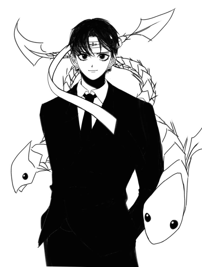 1boy, bandaged_head, bandages, black_eyes, black_hair, black_suit, chrollo_lucilfer, cowboy_shot