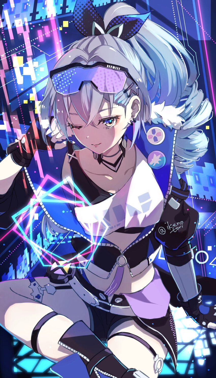 1girl, badge, belt, black_boots, black_gloves, black_jacket, black_shirt, black_shorts