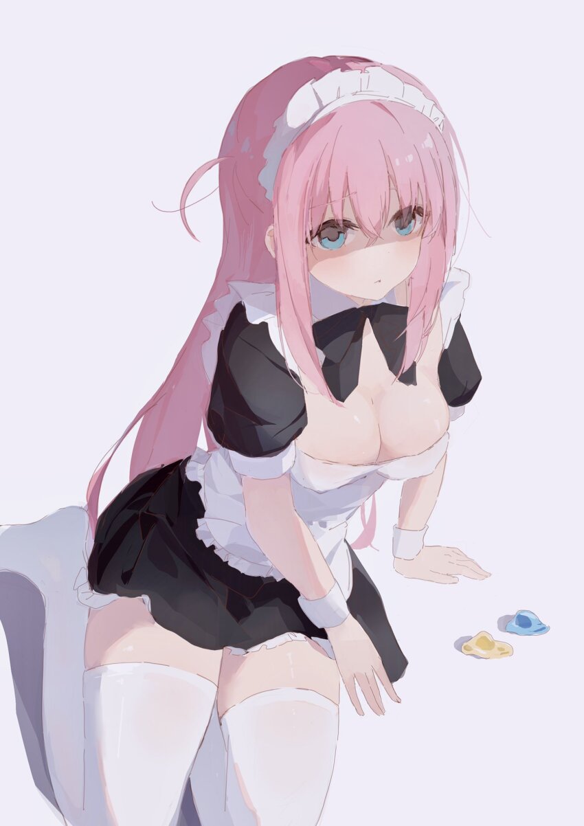 1girl, apron, aqua_eyes, arm_support, black_dress, black_ribbon, blush, bocchi_the_rock!