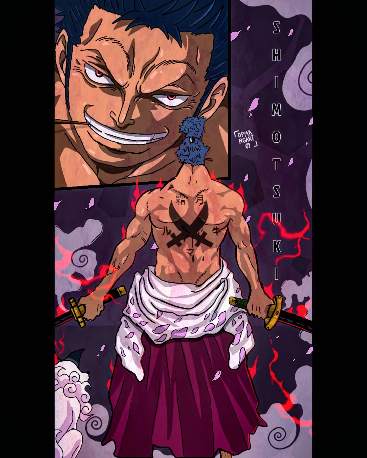 1boy, artist_name, back, back_tattoo, blue_hair, character_name, dark_blue_hair, highres, holding, holding_sword, holding_weapon, katana, looking_at_viewer, one_piece, opmangart69, orange_eyes, pubic_tattoo, shimotsuki_ushimaru, short_hair, smile, solo, sword, tattoo, teeth, toothpick, topknot, topless_female, topless_male, weapon