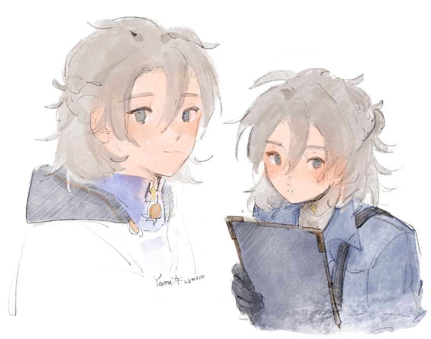 1boy, albedo_(genshin_impact), albedo_(m&amp;g)_(genshin_impact), black_gloves, blonde_hair, blue_shirt, blush, closed_mouth