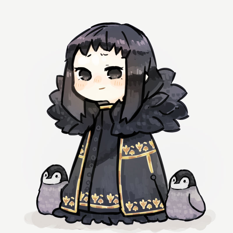 1girl, baby_animal, bird, black_coat, black_dress, black_eyes, black_hair, chibi