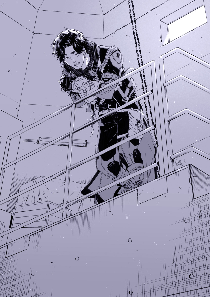 1boy, artist_name, belt, black_gloves, black_pants, chain, dated, fingerless_gloves, from_below, fudou_leo, garo:_makai_retsuden, garo:_versus_road, garo_(tokusatsu_series), gloves, highres, inagi, indoors, looking_down, male_focus, pants, smile, standing