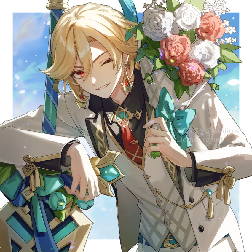 1boy, amaichi_esora, belt, bishounen, black_belt, black_shirt, blonde_hair, blue_sky