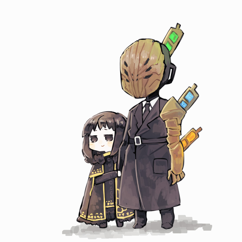 1boy, 1girl, baral_(project_moon), belt, black_belt, black_coat, black_dress, black_eyes, black_hair, black_necktie, black_shoes, closed_mouth, coat, collared_shirt, commentary_request, dress, fur-trimmed_coat, fur_trim, gauntlets, gold_trim, harvest_fes, library_of_ruina, long_dress, long_sleeves, mask, medium_hair, necktie, no_nose, open_clothes, open_coat, project_moon, shirt, shoes, simple_background, single_gauntlet, smile, white_background, white_shirt, zena_(project_moon)