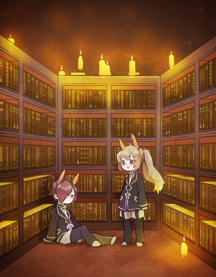 1boy, 1girl, animal_ears, black_jacket, black_socks, bookshelf, brown_hair, candle