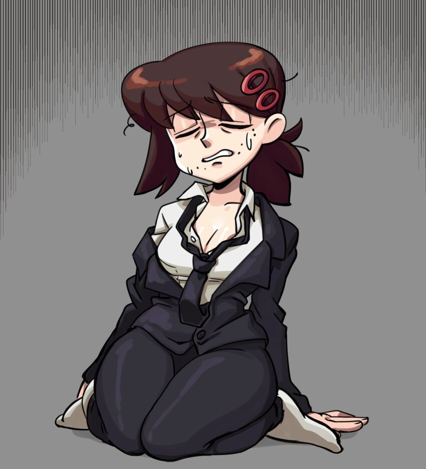 1girl, black_jacket, black_necktie, black_pants, breasts, brown_hair, chainsaw_man, cleavage