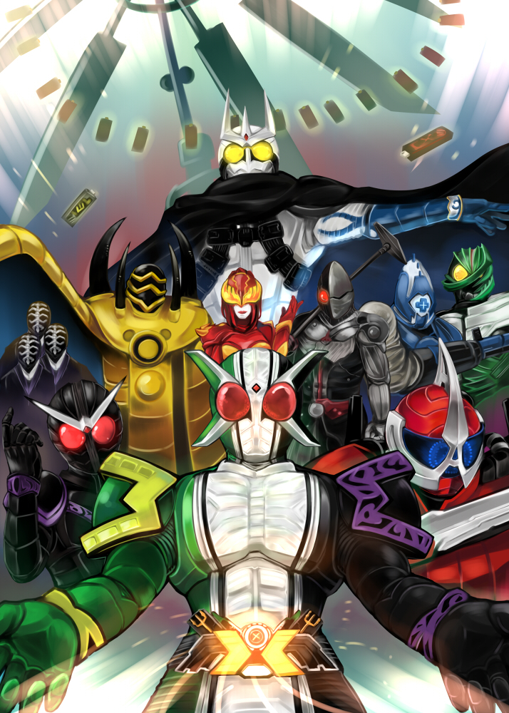 1girl, 6+boys, antennae, belt, cyclone_dopant, glowing, glowing_eyes, heat_dopant, hitsuji_bako, kamen_rider, kamen_rider_accel, kamen_rider_double, kamen_rider_double_(cyclonejokerxtreme), kamen_rider_eternal, kamen_rider_joker, kamen_rider_w, kamen_rider_w_forever:_a_to_z/the_gaia_memories_of_fate, luna_dopant, masquerade_dopant, metal_dopant, monster, multiple_boys, trigger_dopant