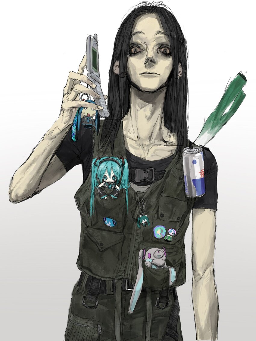 1boy, badge, bags_under_eyes, black_hair, black_shirt, button_badge, cargo_pants, cellphone, cellphone_charm, character_charm, character_doll, charm_(object), closed_mouth, collarbone, cowboy_shot, doll, emaciated, energy_drink, flip_phone, gradient_background, green_pants, green_vest, grey_eyes, hachune_miku, hand_up, hatsune_miku, highres, holding, holding_phone, long_hair, looking_at_viewer, object_in_pocket, original, otaku, pants, parted_bangs, phone, pocket, raised_eyebrows, red_bull, shirt, short_sleeves, solo, spring_onion, straight-on, sunken_eyes, t-shirt, vest, vocaloid, white_background, youyuu_(melt_yo103)