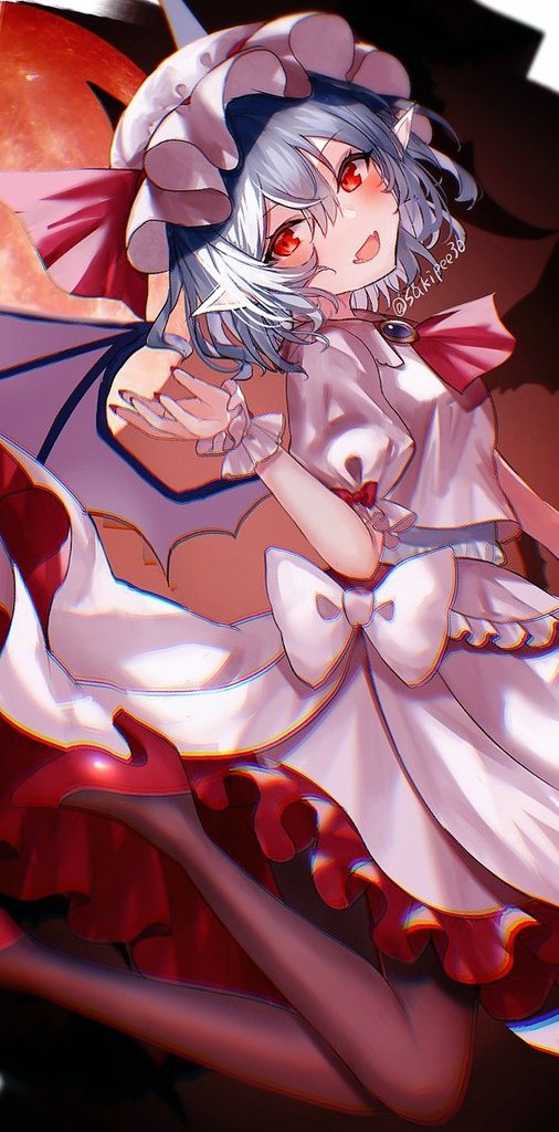 1girl, :d, ascot, bat_wings, black_pantyhose, commentary, fangs, frilled_skirt