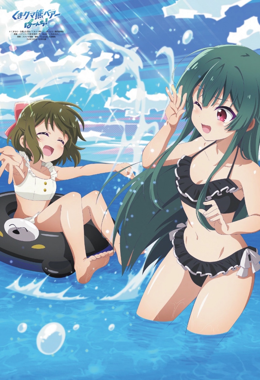 2girls, ;d, barefoot, bikini, black_bikini, bow, breasts, brown_hair