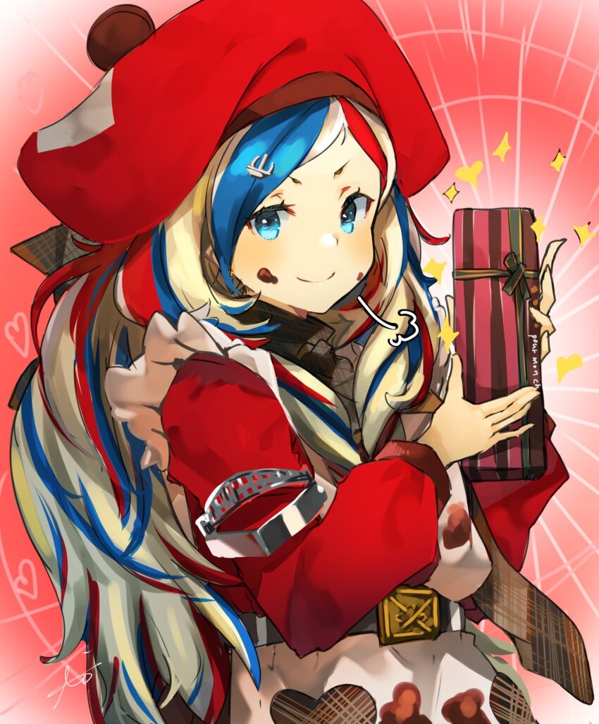 1girl, apron, aqua_eyes, beret, blonde_hair, blue_hair, blush, box