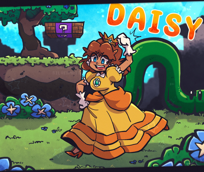 1girl, ?_block, blue_eyes, breasts, brick_block, brown_hair, character_name, crown