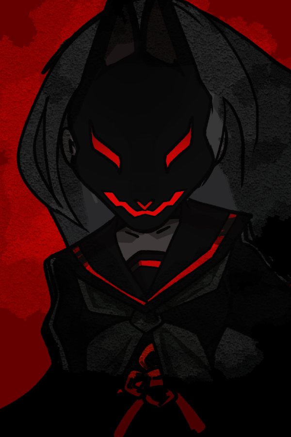 1girl, abeno-shakuji-maya, black_shirt, covered_face, denonbu, fox_mask, grey_hair, grey_neckerchief