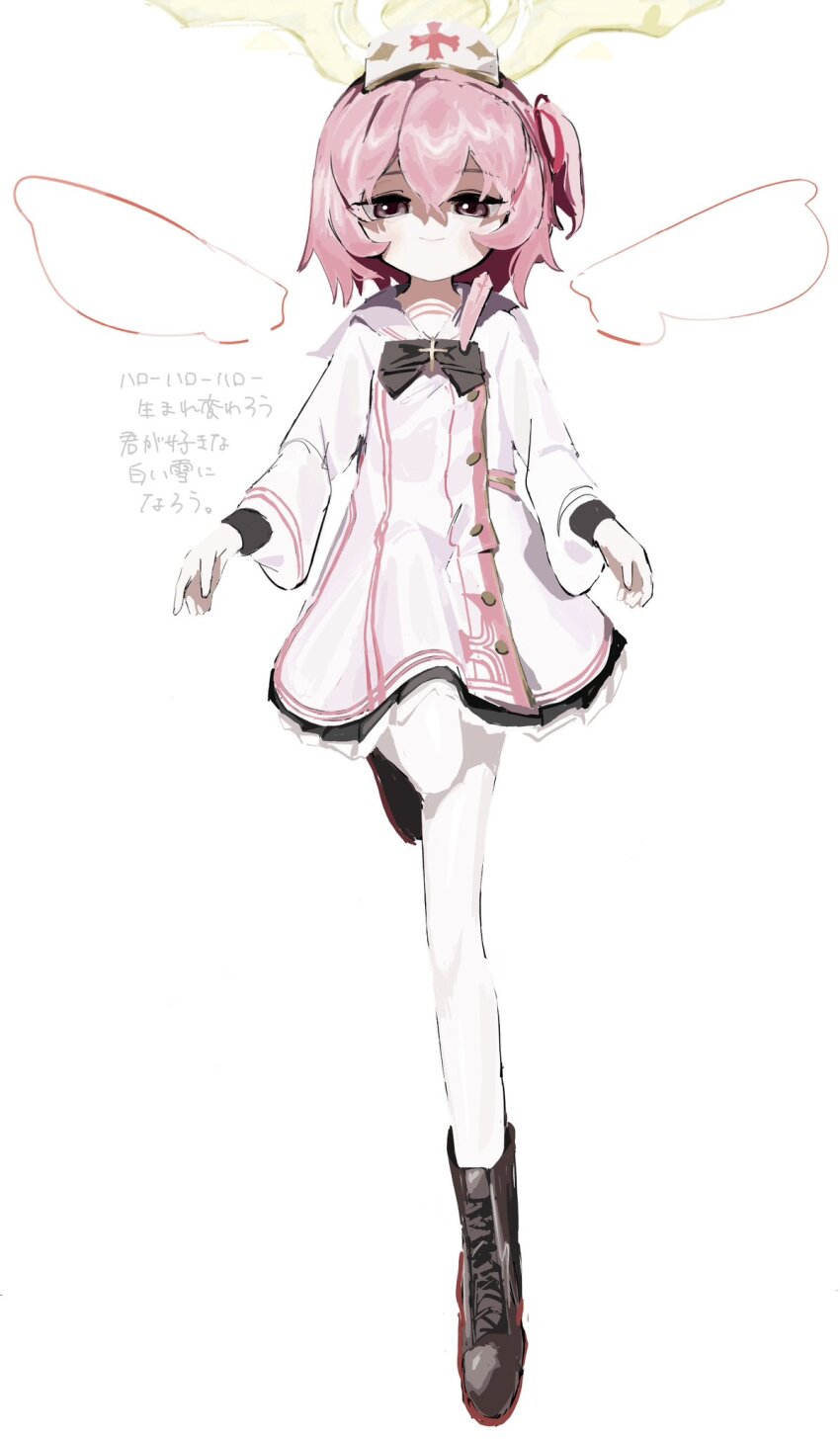 1girl, angel, arms_at_sides, black_boots, black_bow, black_bowtie, black_skirt, blue_archive