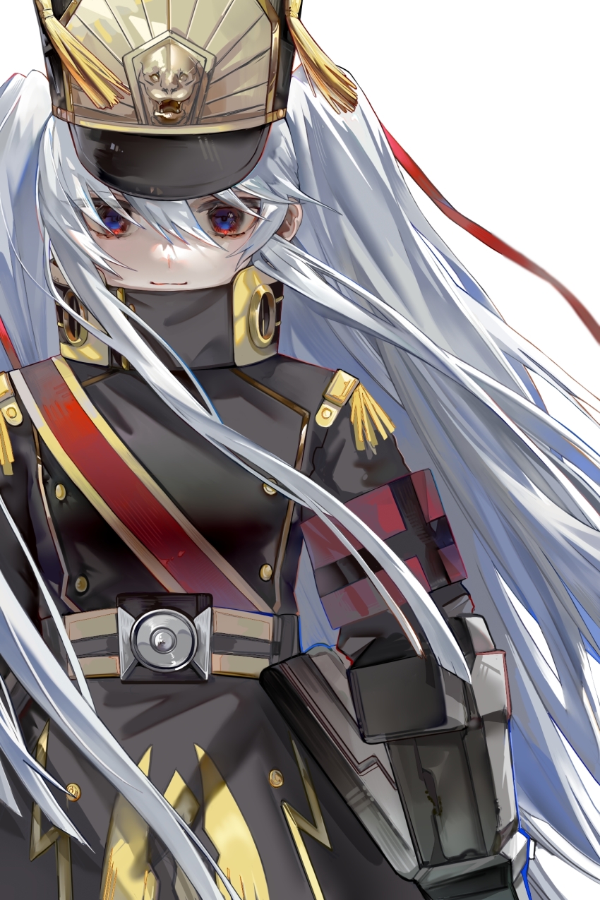 1girl, altair_(re:creators), armband, black_coat, blue_eyes, buttons, coat, double-breasted