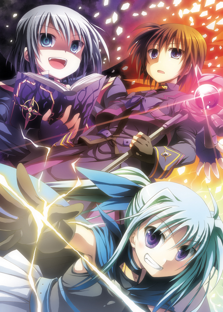 3girls, aqua_hair, belt_bra, blue_eyes, book, brown_hair, fingerless_gloves, gloves