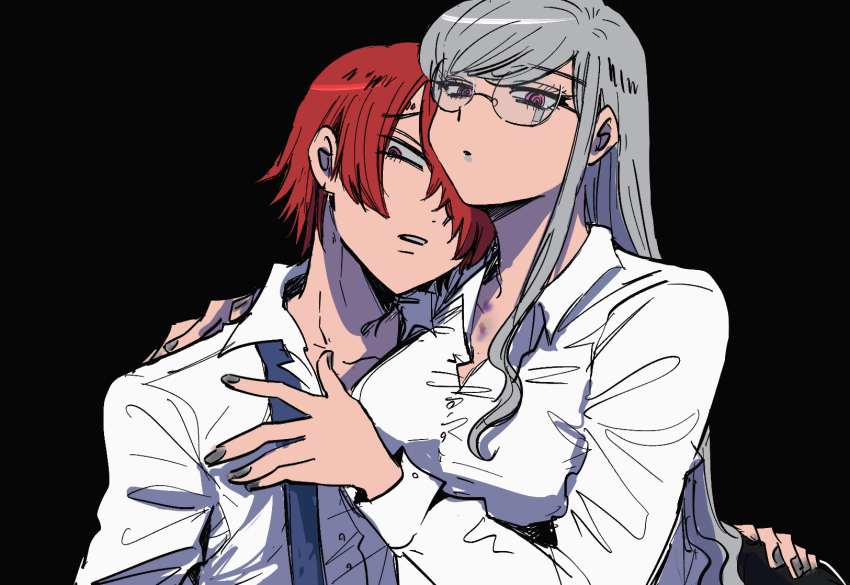 1boy, 1girl, black_background, breasts, closed_mouth, collared_shirt, commentary_request, glasses, grey_hair, grey_nails, hair_over_one_eye, hand_on_another's_ass, hand_on_another's_chest, hetero, highres, kinu_(konoyoha_mtgi), long_hair, long_sleeves, looking_at_viewer, martina_electro, master_detective_archives:_rain_code, medium_breasts, nail_polish, necktie, red_eyes, red_hair, shirt, short_hair, simple_background, undone_necktie, upper_body, white_shirt, yomi_hellsmile
