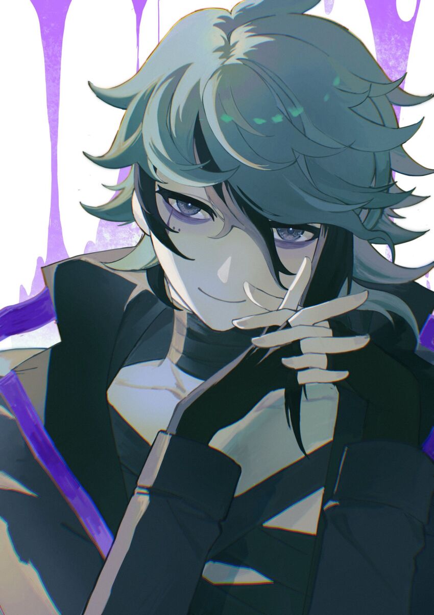 1boy, bandages, black_gloves, black_hair, black_jacket, closed_mouth, eyeliner, fingerless_gloves, gloves, green_hair, grey_eyes, hair_between_eyes, highres, interlocked_fingers, jacket, long_sleeves, looking_at_viewer, makeup, male_focus, master_detective_archives:_rain_code, multicolored_hair, open_clothes, open_jacket, osmanthusnull, short_hair, smile, solo, streaked_hair, upper_body, vivia_twilight