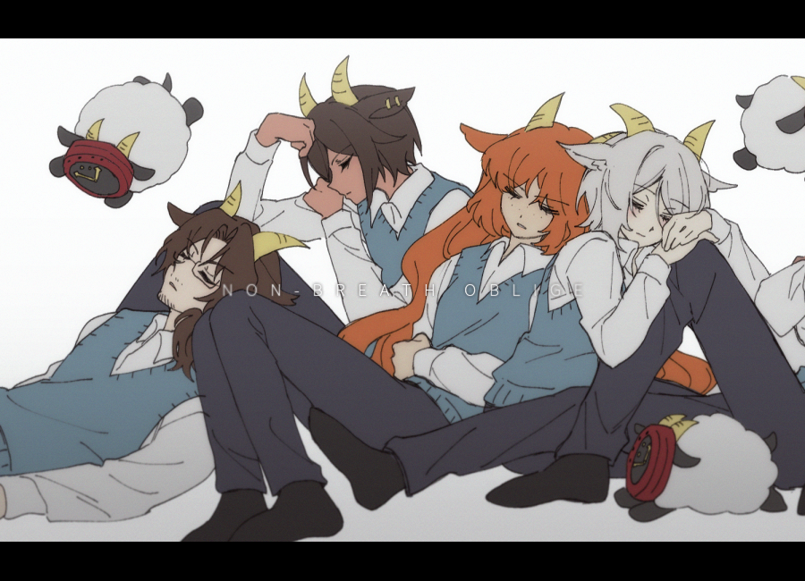 1boy, 3girls, animal_ears, bbunny, black_pants, black_socks, blue_sweater_vest, brown_hair