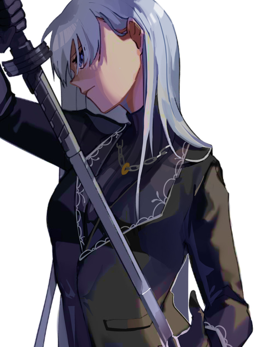 1girl, absurdres, angelica_(project_moon), black_gloves, black_jacket, black_sweater, blue_eyes, closed_mouth