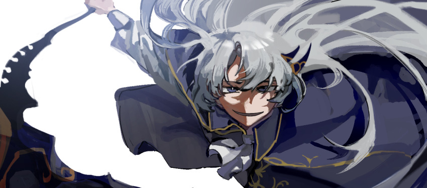 1boy, argalia_(project_moon), ascot, blue_cape, blue_eyes, blue_jacket, cape, collared_jacket