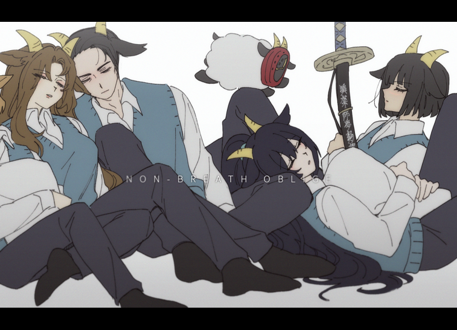 2boys, 2girls, animal_ears, bbunny, black_hair, black_pants, black_socks, blue_sweater_vest