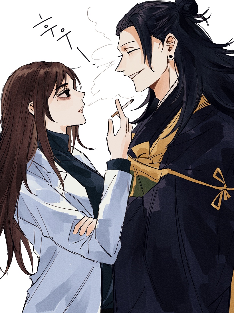 1boy, 1girl, black_circle, black_hair, blowing_smoke, brown_hair, cigarette, clenched_teeth, commentary, earrings, english_commentary, geto_suguru, hand_on_own_arm, holding, holding_cigarette, ieiri_shoko, jewelry, jujutsu_kaisen, lab_coat, long_hair, matchi_(ginger.8), monk, smoke, smoking, sweater, teeth, upper_body
