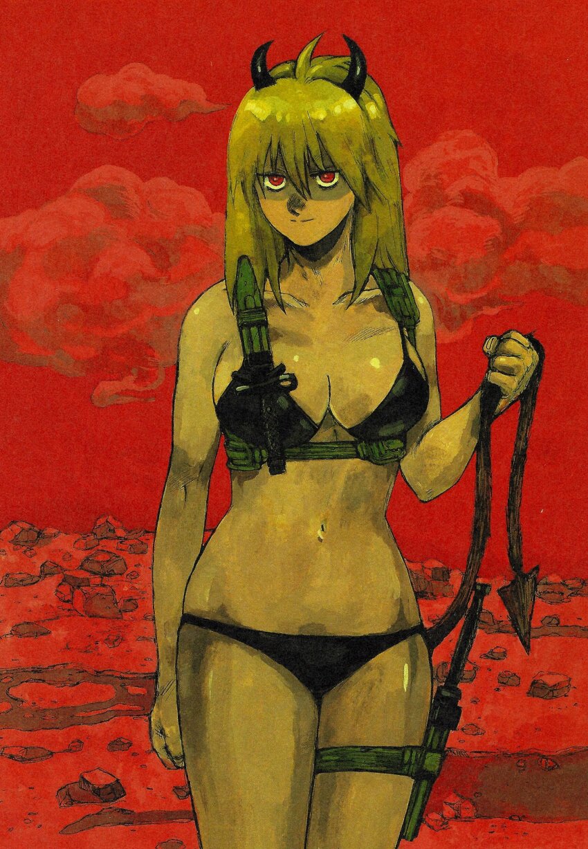 1girl, antenna_hair, bikini, black_bikini, blonde_hair, breasts, cleavage, cloud, collarbone, cowboy_shot, demon_girl, demon_horns, demon_tail, dorohedoro, highres, horns, jitome, knife, large_breasts, looking_at_viewer, medium_breasts, medium_hair, navel, nikaidou_(dorohedoro), non-web_source, official_art, q._hayashida, red_background, red_eyes, shaded_face, solo, swimsuit, tail, thigh_strap