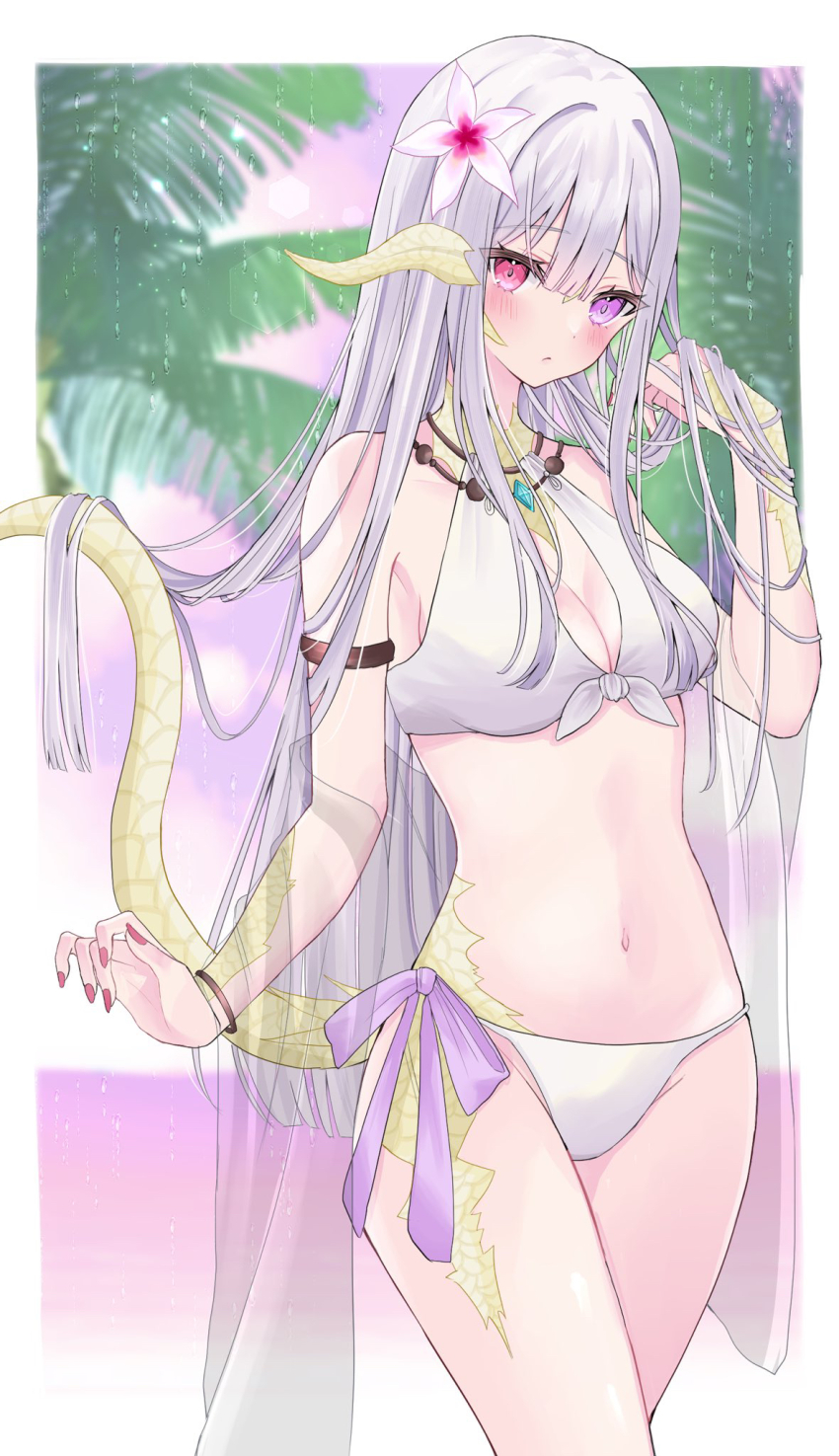 1girl, au_ra, bangle, bare_shoulders, bikini, blush, border, bracelet