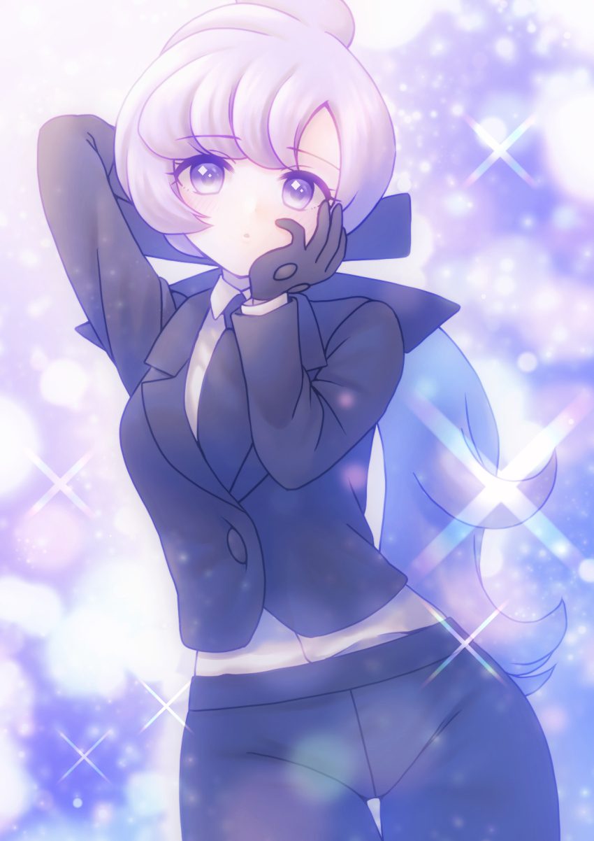 1girl, anabel_(pokemon), arm_behind_head, black_gloves, black_jacket, black_necktie, black_pants, black_ribbon