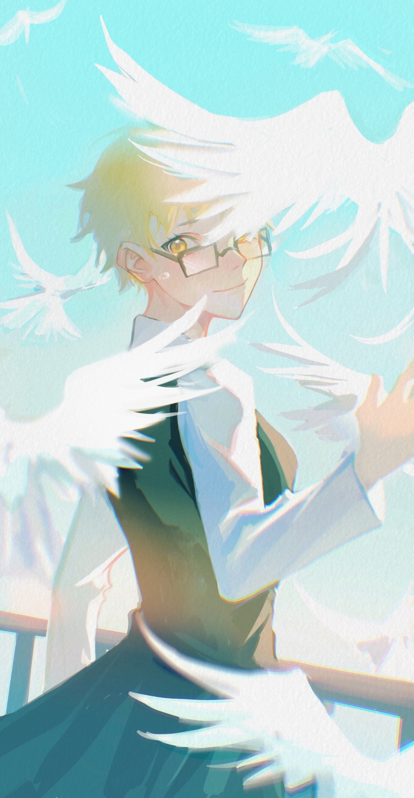 1girl, absurdres, bird, blonde_hair, bloom, blue_sky, chainsaw_man, chromatic_aberration