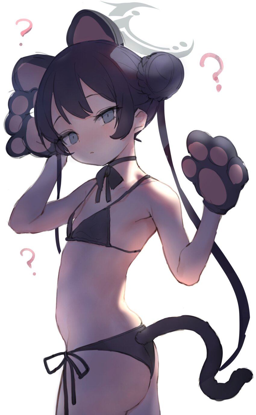 1girl, ?, absurdres, alternate_costume, animal_ears, animal_hands, battle_koala, bikini, black_bikini, black_hair, blue_archive, blush, braid, braided_bun, breasts, cat_ears, cat_paws, cat_tail, double_bun, fake_animal_ears, female_focus, flat_chest, hair_bun, halo, highres, kisaki_(blue_archive), loli, long_hair, looking_at_viewer, looking_to_the_side, side-tie_bikini_bottom, simple_background, sketch, small_breasts, solo, standing, swimsuit, tail, twintails, twisted_torso, very_long_hair, white_background