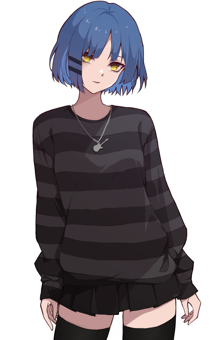 1girl, absurdres, artist_name, black_skirt, black_sweater, black_thighhighs, blue_hair, bocchi_the_rock!