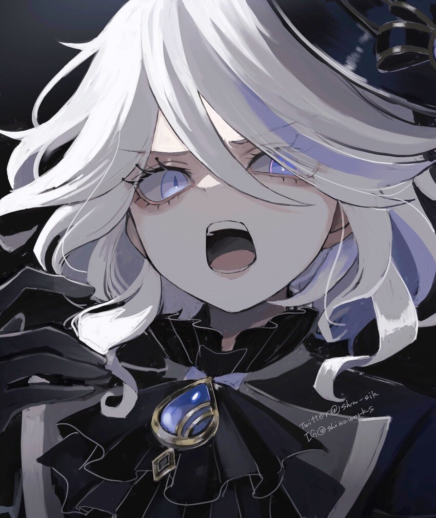 1girl, artist_name, ascot, black_ascot, black_background, black_gloves, blue_bow, blue_eyes