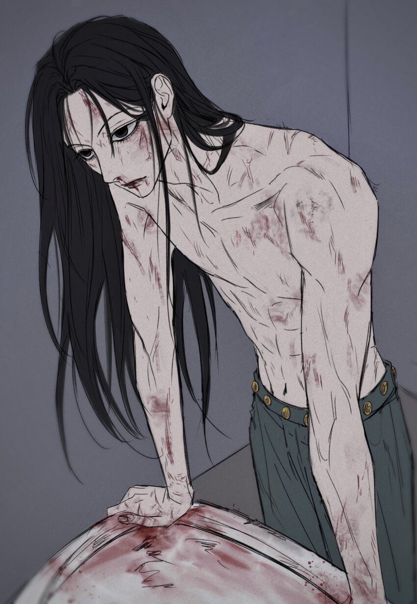 1boy, bare_shoulders, black_eyes, black_hair, blood, blood_on_face, bruise, cuts