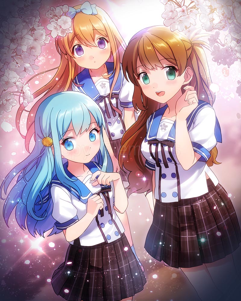 3girls, black_skirt, blue_eyes, blue_hair, blue_sailor_collar, blush, brown_hair, cherry_blossoms