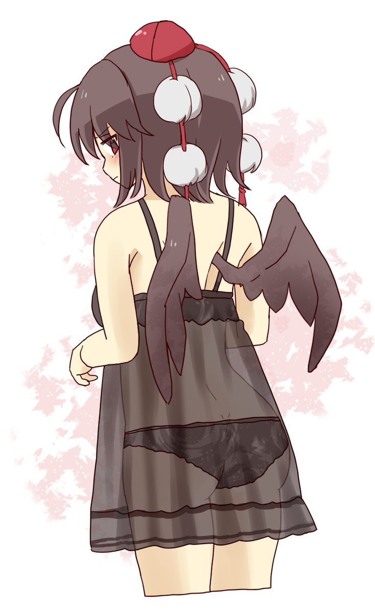 1girl, ass, bare_arms, bare_shoulders, black_hair, black_panties, black_wings, blush