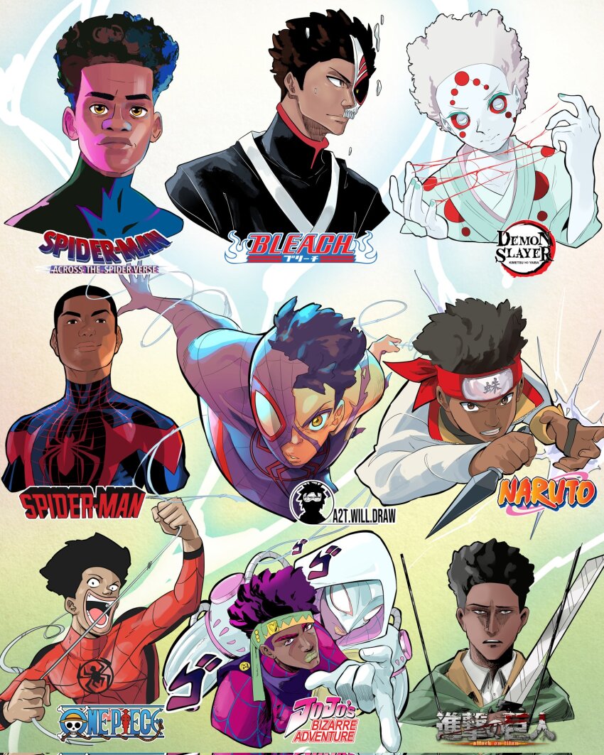 1boy, a2t_will_draw, araki_hirohiko_(style), black_hair, bleach, bodysuit, colored_skin, commentary