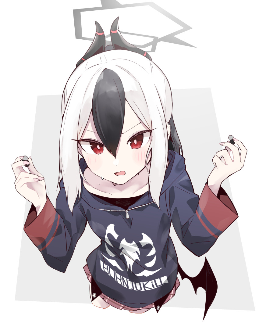 1girl, absurdres, black_hair, black_hoodie, black_wings, blue_archive, blush, collarbone