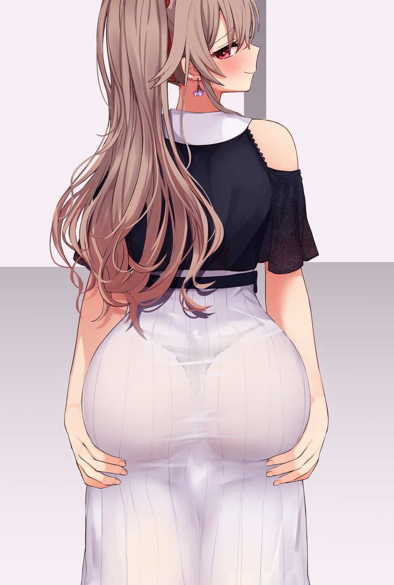 1girl, ass, ass_focus, black_shirt, blush, brown_hair, casual, earrings, festa11307070, from_behind, furen_e_lustario, furen_e_lustario_(2nd_costume), grabbing_own_ass, highres, jewelry, long_hair, long_skirt, looking_at_viewer, looking_back, nijisanji, ponytail, red_eyes, see-through_clothes, shirt, skirt, smile, solo, thong, virtual_youtuber