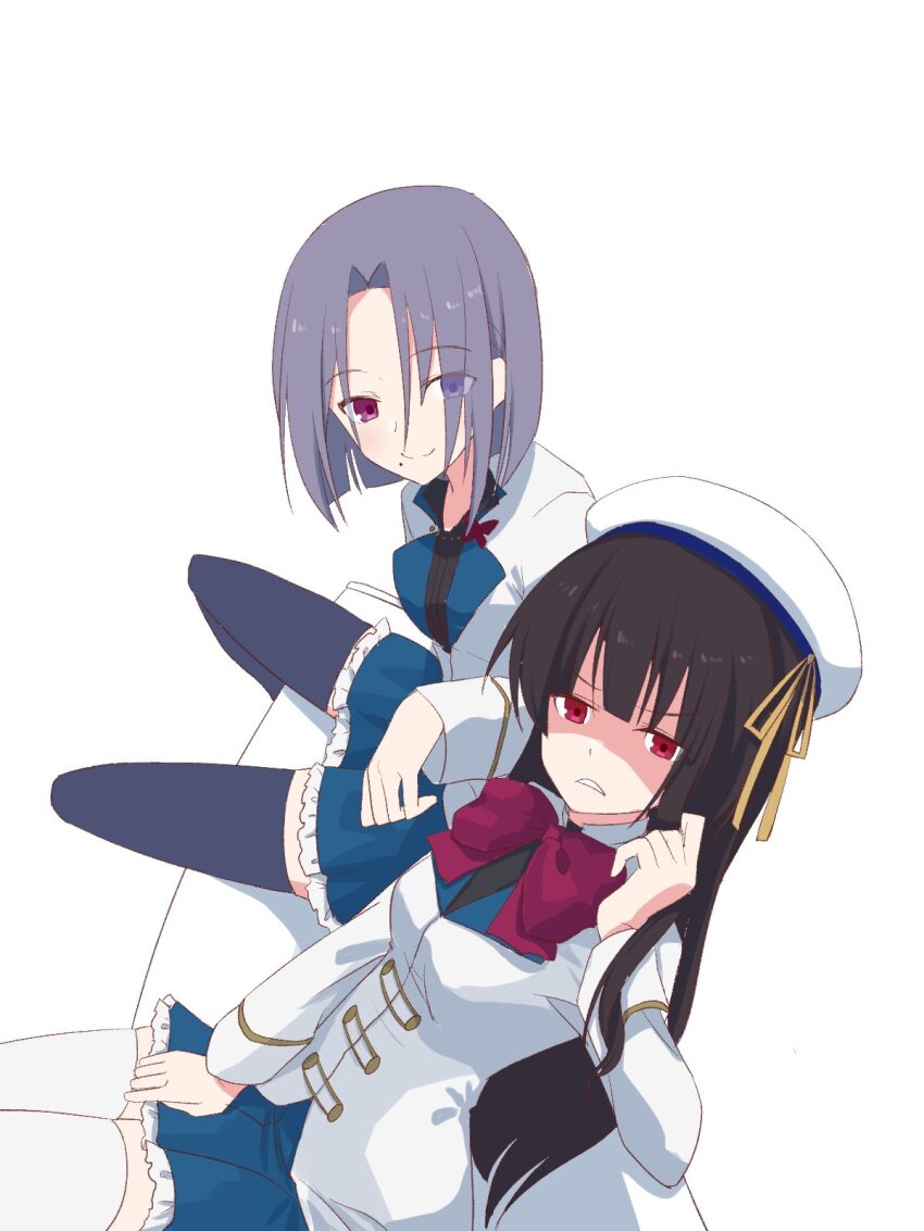 2girls, assault_lily, bench, beret, black_hair, black_shirt, black_thighhighs, blue_eyes