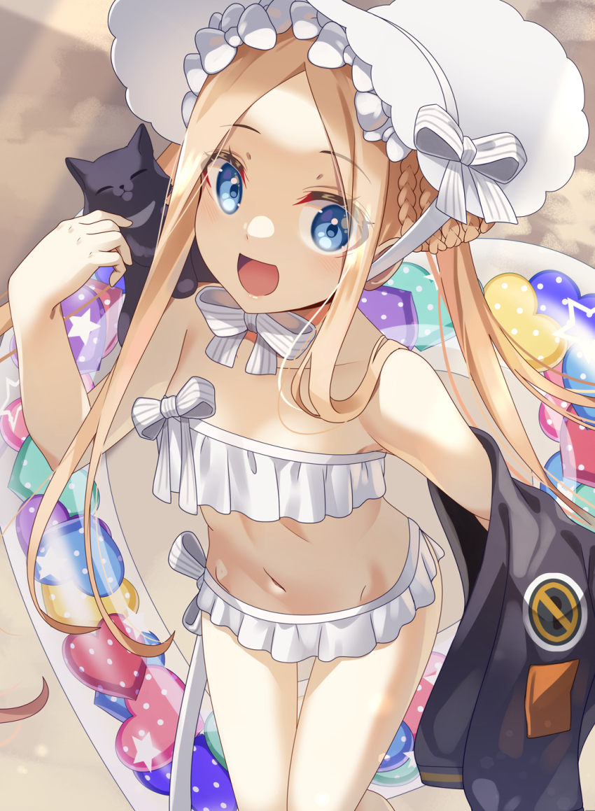 1girl, abigail_williams_(fate), abigail_williams_(swimsuit_foreigner)_(fate), abigail_williams_(swimsuit_foreigner)_(third_ascension)_(fate), bare_shoulders, bikini, black_cat, black_jacket, blonde_hair, blue_eyes, blush, bonnet, bow, breasts, cat, fate/grand_order, fate_(series), forehead, hair_bow, highres, innertube, jacket, long_hair, looking_at_viewer, miniskirt, navel, open_mouth, parted_bangs, ryofuhiko, sidelocks, skirt, small_breasts, smile, solo, swim_ring, swimsuit, thighs, twintails, very_long_hair, white_bikini, white_bow, white_headwear