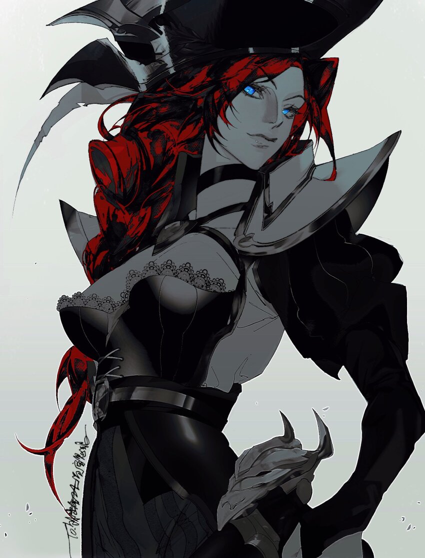 1girl, black_choker, black_headwear, blue_eyes, breasts, choker, closed_mouth, grey_background