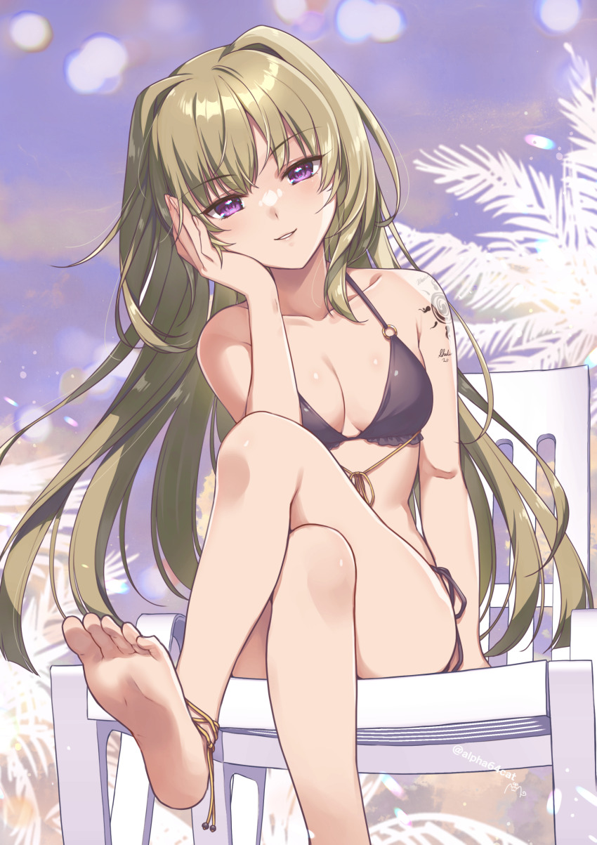 1girl, absurdres, barefoot, bikini, crossed_legs, feet, hand_on_own_cheek, hand_on_own_face, highres, higuchi_ririko, light_blush, long_hair, looking_at_viewer, parted_lips, purple_eyes, sharin_no_kuni_yuukyuu_no_shounenshoujo, sitting, soles, swimsuit, toes