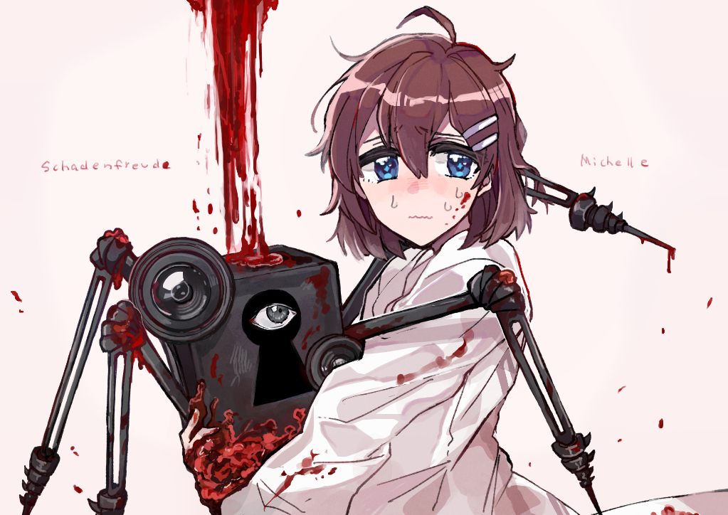 1girl, ahoge, blood, blood_on_clothes, blue_eyes, brown_hair, character_name, coat