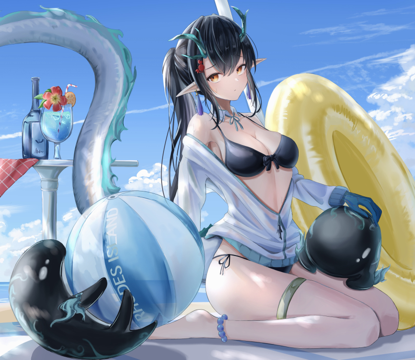 1girl, absurdres, anklet, arknights, arm_tattoo, beach, bikini, bitey_(arknights)