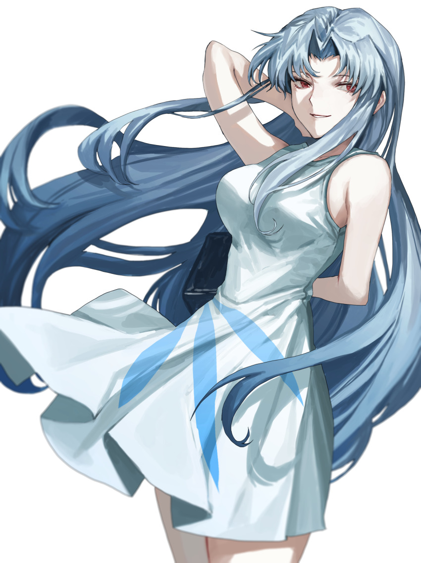 1girl, absurdres, angela_(project_moon), arm_behind_back, blue_hair, book, breasts, carol0905, commentary_request, cowboy_shot, dress, e.g.o_(project_moon), floating_hair, hair_intakes, hand_in_own_hair, highres, holding, holding_book, large_breasts, light_blue_hair, lobotomy_corporation, long_hair, parted_lips, project_moon, red_eyes, remorse_(e.g.o), sidelocks, silent_girl_(project_moon), simple_background, smile, solo, sundress, teeth, very_long_hair, white_background, white_dress, wind