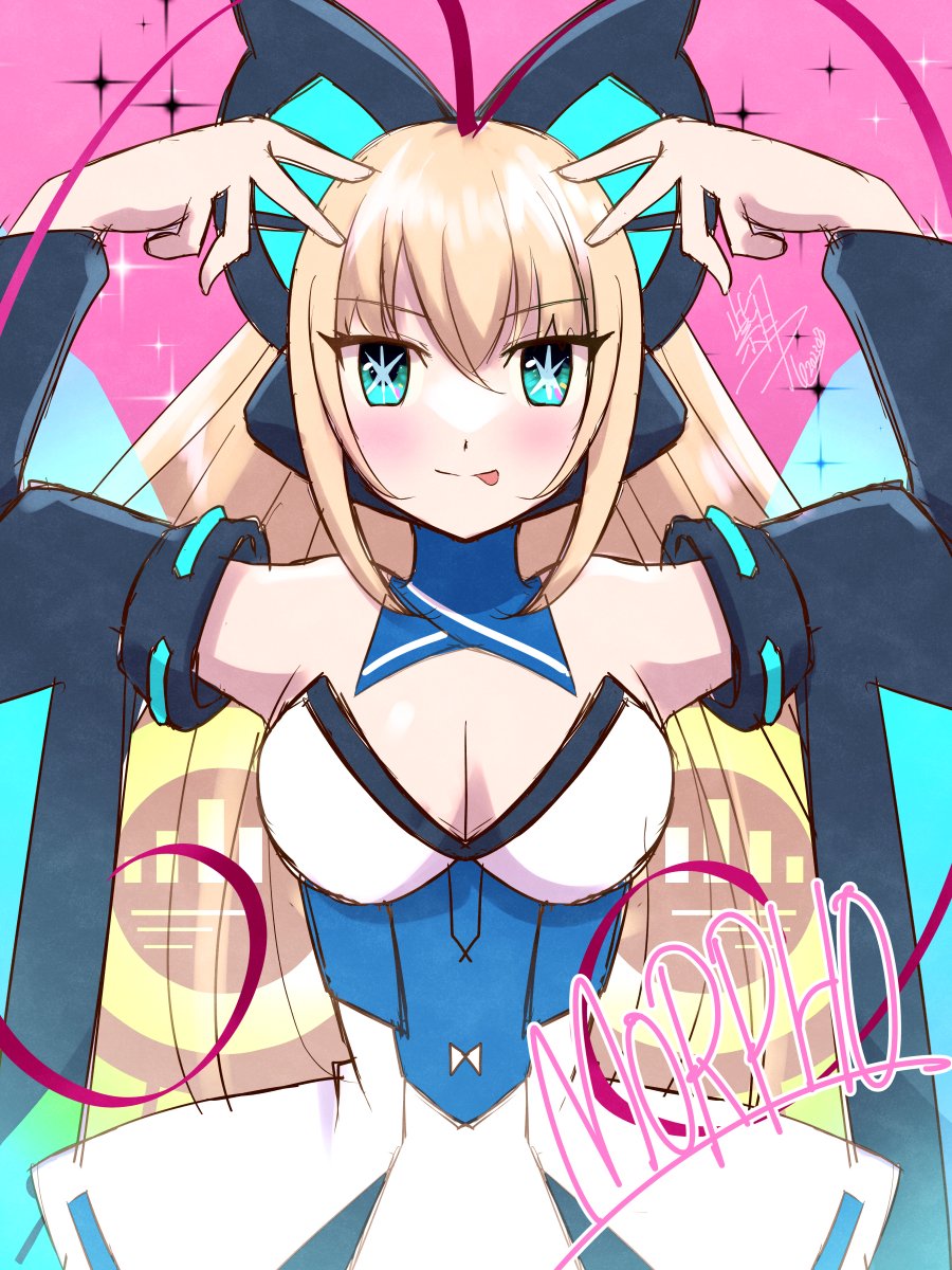 1girl, antenna_hair, azure_striker_gunvolt, blonde_hair, blue_eyes, breasts, butterfly_hair_ornament, cleavage